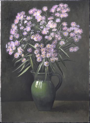 Purple Asters in a green vase / Oil on canvas, 30" x 22" 