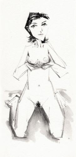 Girl holding her breasts / Ink and wash on paper (2012)