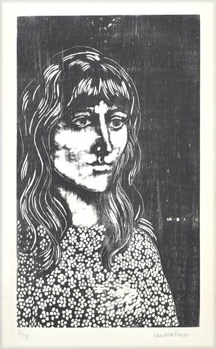 Girl in a spotted dress / Woodcut 
