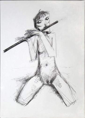 Girl playing flute / Black chalk on paper, 18" x 12" (c.2008)