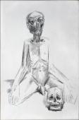 Kneeling man with a skull / Black chalk on paper (2004)