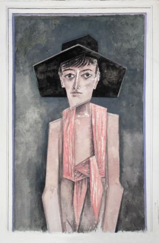 Man in a black hat and pink scarf / Gouache on paper 