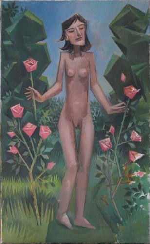 Nude girl in a rose garden / Oil on canvas, 29″ x 18″ 