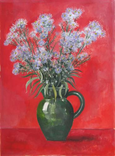 Purple asters in a green vase / Watercolour and gouache on paper, 25" x 18" (2010)