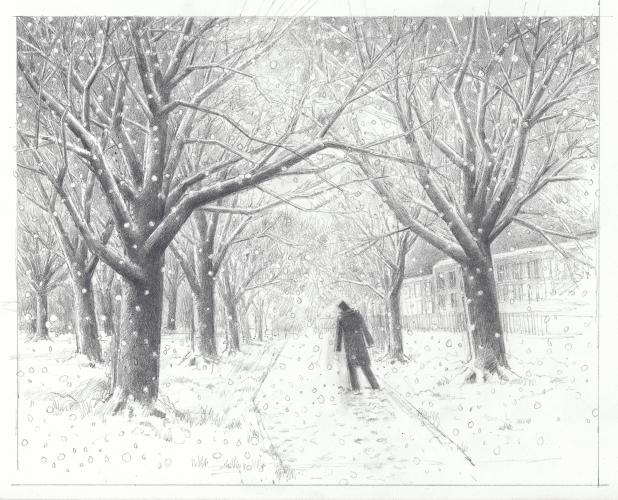 Preparatory drawing for painting: `Snow in London Fields' / Graphite on paper (2013)